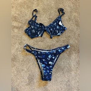 Shein dark blue ribbed flower print bikini (never worn)